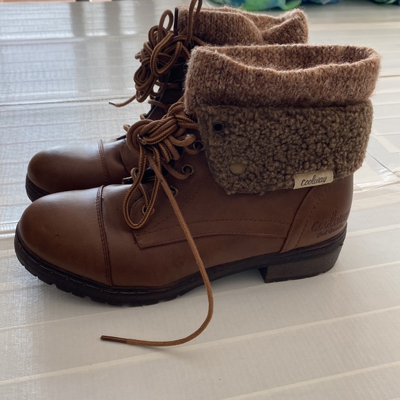 Brown leather lace up boots with knitted cuff detail by Coolway - Picture 2 of 16